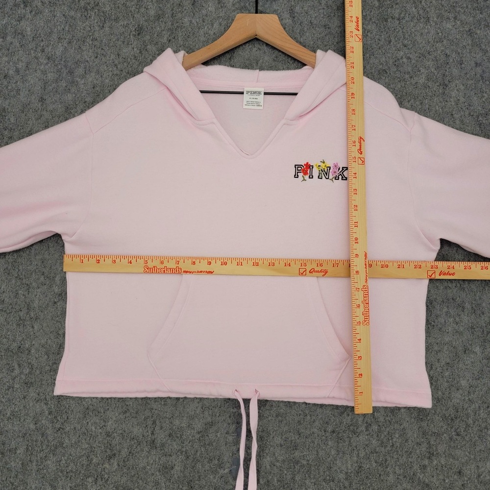 PINK Victorias Secret Hoodie Womens M Pink Floral Logo Embroidered Crop Pullover - Picture 11 of 14